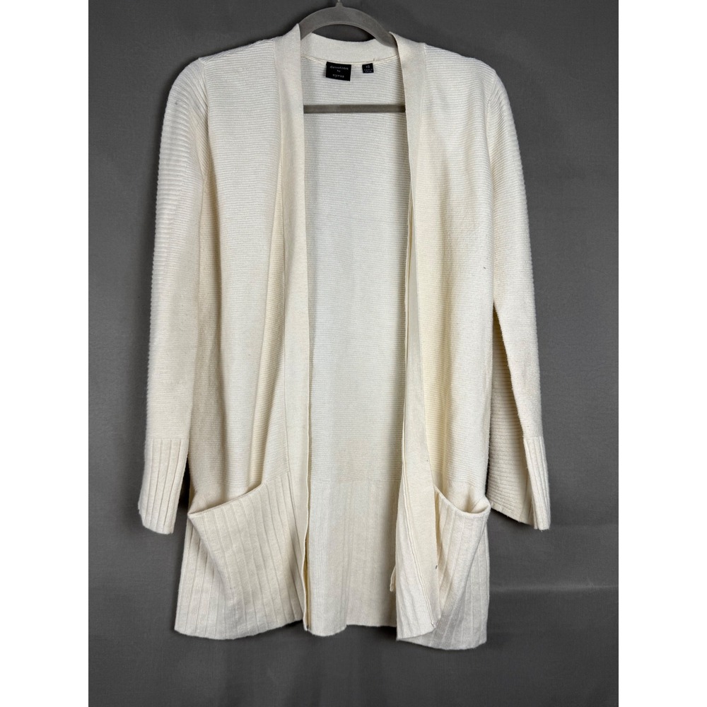Devotion by Cyrus Open Front Cardigan Women XS Ivory Ribbed Knit Pocket Longline